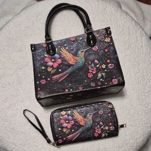 Floral Hummingbird Black Handbag and Wallet Set